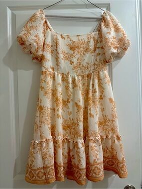 Blu Pepper Cream and Orange Floral Puff-Sleeve Casual Dress Size S